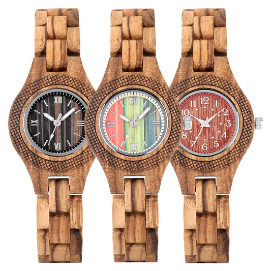 Trendy Tiny Round Dial Quartz Watch for Women Vintage Zebrawood Band Bracelet Ladies Wristwatch