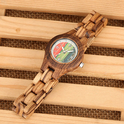 Trendy Tiny Round Dial Quartz Watch for Women Vintage Zebrawood Band Bracelet Ladies Wristwatch