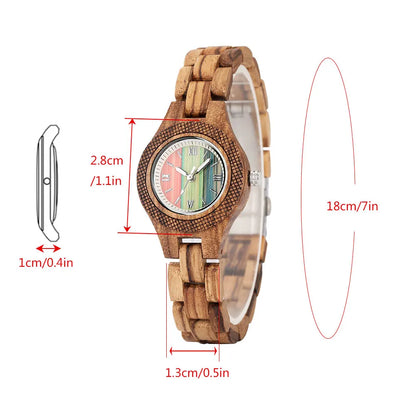 Trendy Tiny Round Dial Quartz Watch for Women Vintage Zebrawood Band Bracelet Ladies Wristwatch