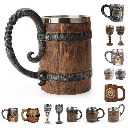 Jarra de cerveza de madera estilo vikingo, simulación de barril de madera, taza de cerveza