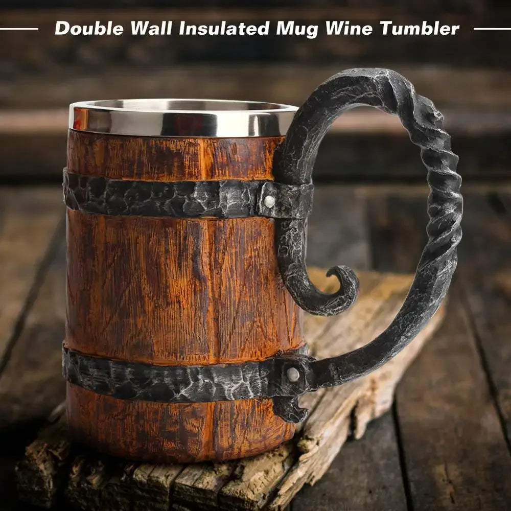 Jarra de cerveza de madera estilo vikingo, simulación de barril de madera, taza de cerveza