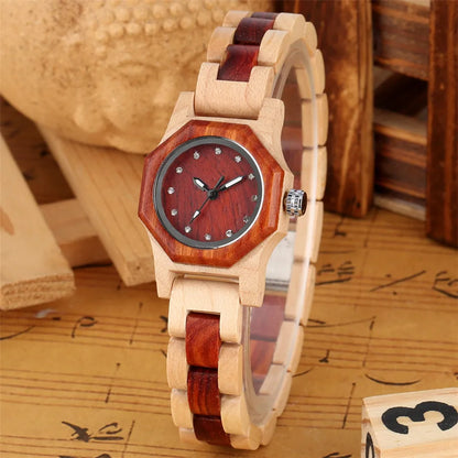 Vogue Rhinestones Display Female Wood Bracelet Wristwatch