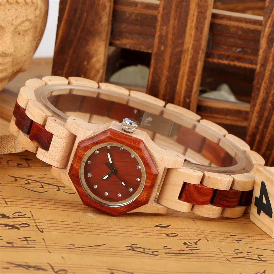 Vogue Rhinestones Display Female Wood Bracelet Wristwatch