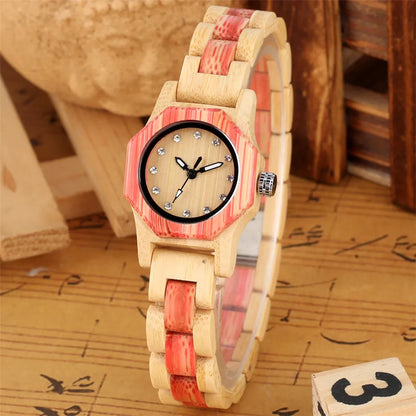 Vogue Rhinestones Display Female Wood Bracelet Wristwatch