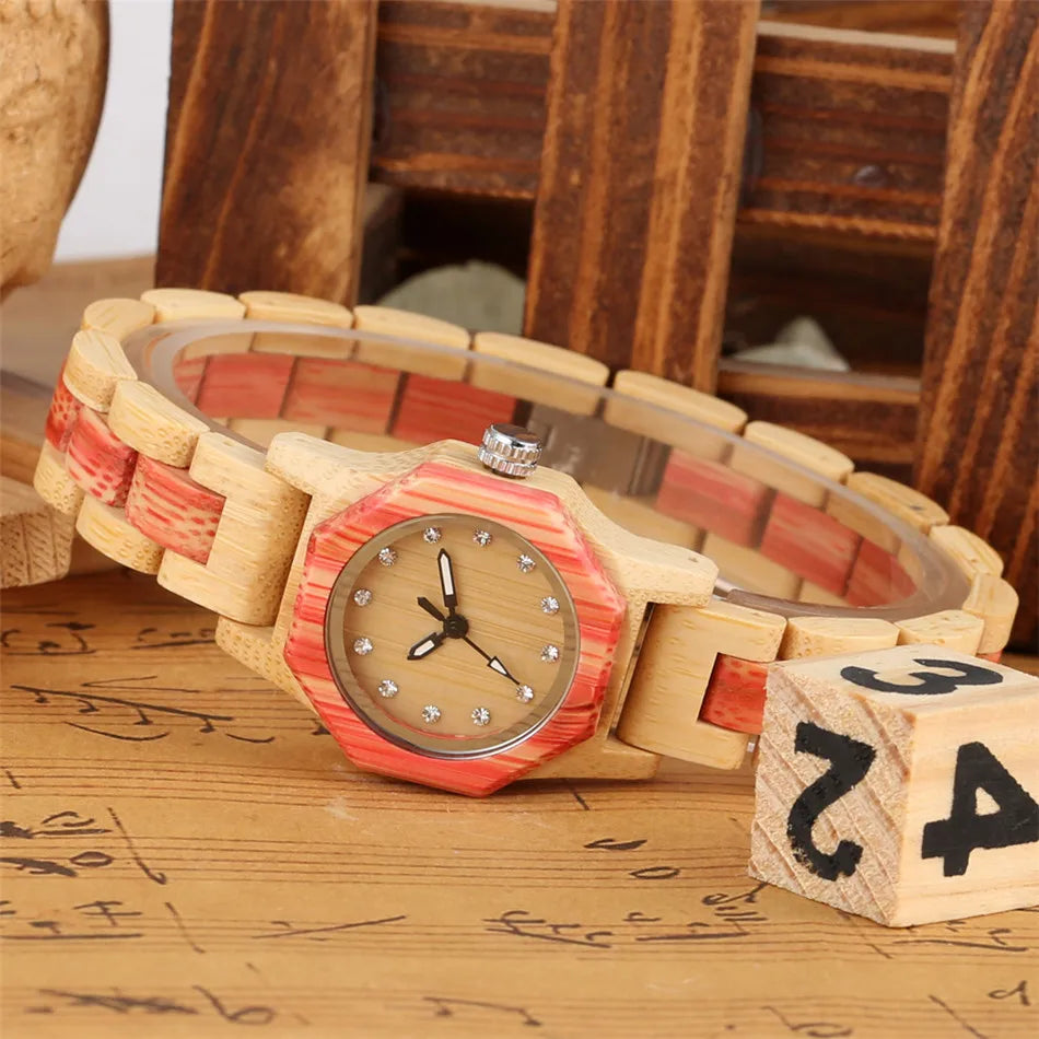 Vogue Rhinestones Display Female Wood Bracelet Wristwatch