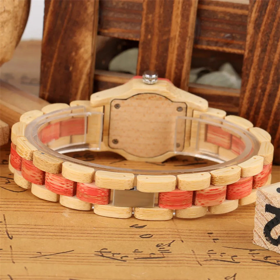 Vogue Rhinestones Display Female Wood Bracelet Wristwatch