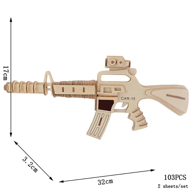 3D Wooden Puzzle Gun Models (Pistol, Rifle, AK47)